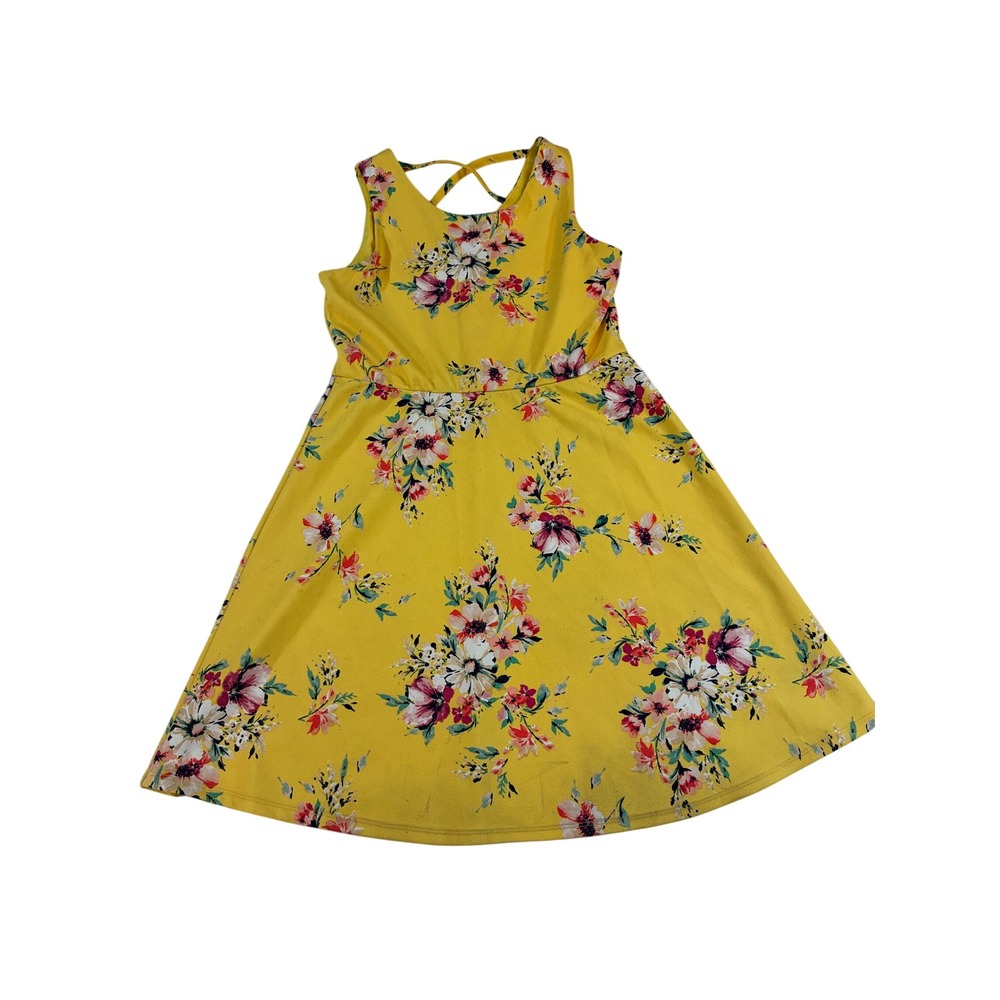 Trixxi Girls Size XL Skater Dress Yellow Floral Criss Cross Back Fit & Flare D96